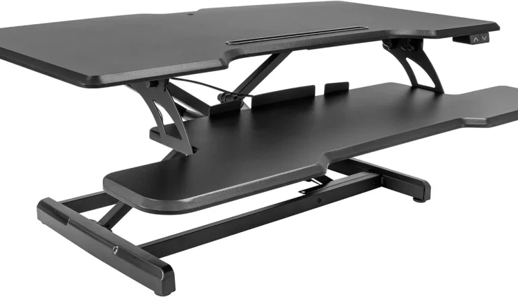 YiSHOP Electric Standing Desk Converter with 38"Tabletop, Height Adjustable Sit Stand Desk Riser, Motorized Desk Riser with Keyboard Tray and Device Slot, Fits Monitor & Laptop, Black - MadeInUSA