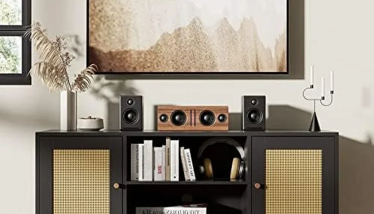 TQNLKGZ Rattan TV Stand for 50/55 inch TV  Entertainment Center with Golden Legs and Metals  Modern TV Console Table with Adjustable Shelves  TV Media Console for Living Room  Bedroom  Bl - MadeInUSA