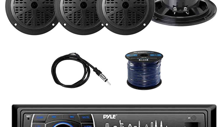PYLE PLRMR27BTB Marine Bluetooth Receiver Stereo(Black) w/Pyle 100W 5.25'' 2-Way Marine Speakers(2-Pairs), Enrock Marine Antenna & Enrock Marine 50' 16G Speaker Wire - MadeInUSA