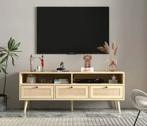 JYHOME Rattan TV Stand with Solid Wood Feet  Modern TV Stand for 55 inch TV  Entertainment Center with  and ??Wood TV Media Console Table for Living Room Bedroom  Natural - MadeInUSA