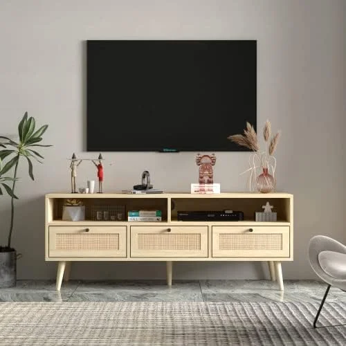 JYHOME Rattan TV Stand with Solid Wood Feet  Modern TV Stand for 55 inch TV  Entertainment Center with  and ??Wood TV Media Console Table for Living Room Bedroom  Natural - MadeInUSA