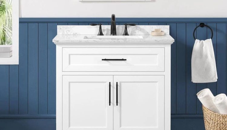 Home Decorators Collection Doveton 36 in. Single Sink Freestanding White Bath Vanity with White Engineered Marble Top (Fully Assembled) - MadeInUSA