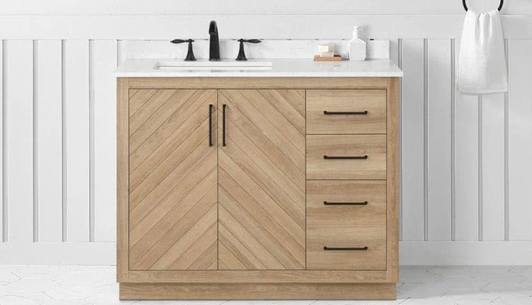 Glacier Bay Huckleberry 42 in. W x 19 in. D x 34 in. H Single Sink Bath Vanity in Weathered Tan with White Engineered Marble Top - MadeInUSA