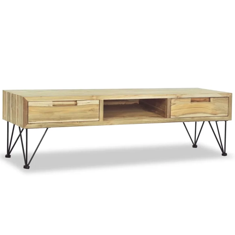 moobody TV Cabinet with 2 Storage Drawers and Open Shelf Teak Wood Television Stand Sofa Couch End Side Table Wrought Iron Legs for Living Room Home Furniture 47.2 x 13.8 x 13.8 Inches (L x W x H) - MadeInUSA