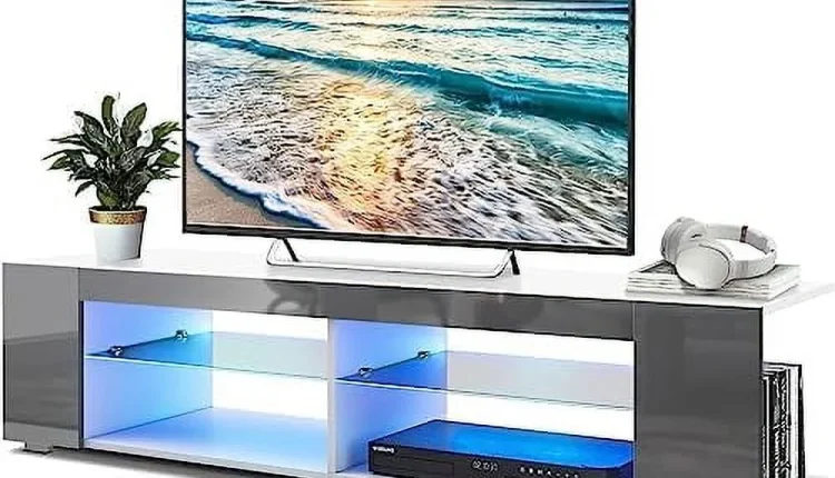 NLTBONNIE LED TV Stand for 65 Inch TVs Modern Low Profile Entertainment Center with LED Lights 57 Inch Small TV Console Media Table with Glass Shelves Hidden Side Bookshelf for Living Roo - MadeInUSA