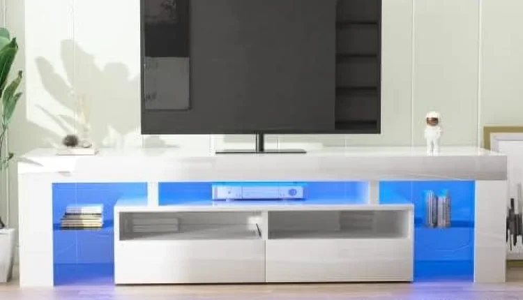 JDZHAPPYLIFE LED TV Stand for 50/55/60 inch TV  High Glossy Modern Entertainment Center with Drawer and Led Lights  Television Table Media Console for Living Game Room Bedroom  Black - MadeInUSA