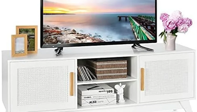 FDIGLUL Rattan TV Stand for TVs Up to 65"  Entertainment Center  3-Tier Adjustable   2 Enclosed Weaved Cabinets  Cable Holes  Modern Media TV Console Table for Living Room - MadeInUSA
