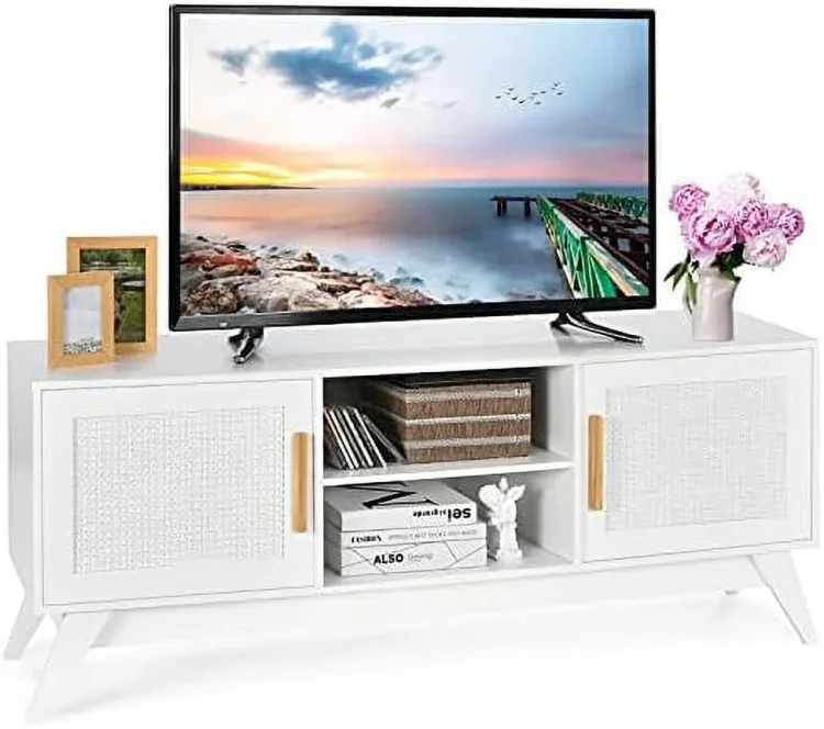FDIGLUL Rattan TV Stand for TVs Up to 65"  Entertainment Center  3-Tier Adjustable   2 Enclosed Weaved Cabinets  Cable Holes  Modern Media TV Console Table for Living Room - MadeInUSA