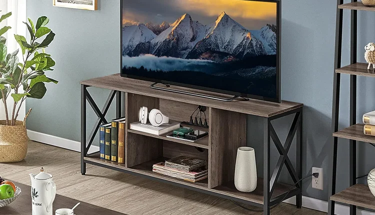 TV Stand for 65 Inch TV, Media Entertainment Center with Power Outlet for Living Room, Industrial TV Console with Side Shelves for PS Storage, Taupe Wood - MadeInUSA