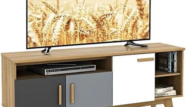 FDIGLUL Modern TV Stand  Wood TV Console Table for TVs up to 65 Inch  Entertainment Center with 3  Cabinets &amp; 3 Open Shelves  Media Console TV Cabinet for Living Room Bedroom (Natural - MadeInUSA