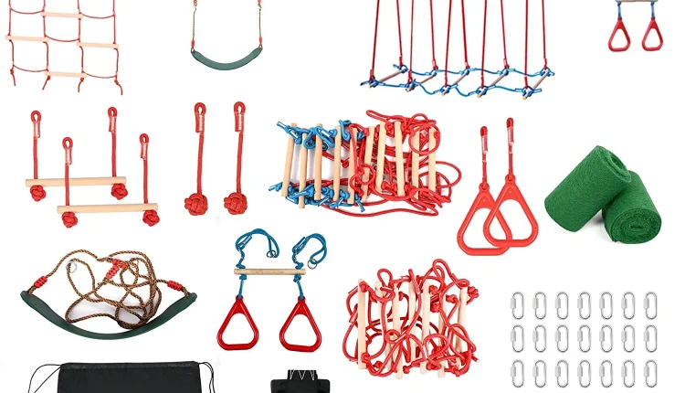 Slsy Ninja Warrior Obstacle Course for Kids, 60ft Ninja Slackline-with 10 Most Complete Accessories,Tree Protectors & Carry Bag Ninja Course for Kids Outside - MadeInUSA