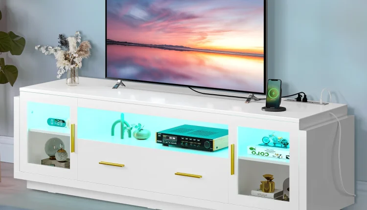 DWVO Modern 70"LED TV Stand for TVs up to 75"with Power Outlets for Living Room, White & Gold - MadeInUSA