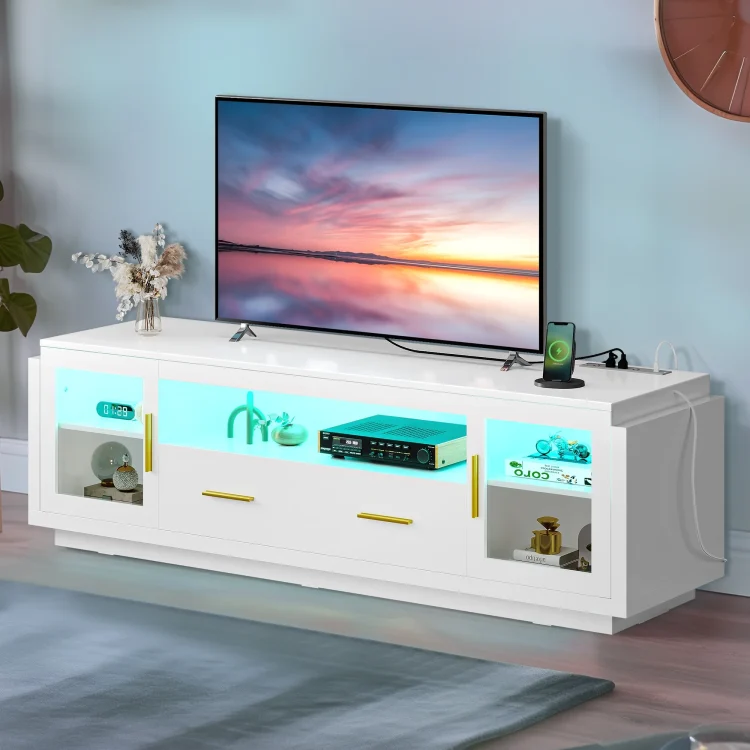 DWVO Modern 70"LED TV Stand for TVs up to 75"with Power Outlets for Living Room, White & Gold - MadeInUSA