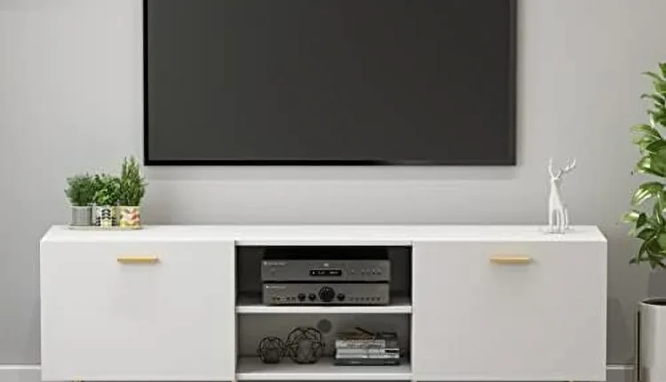 ZWNLKQG FUFU&amp;GAGA TV Stand for TV up to 65"  Modern Wood Universal Media Console with Metal Legs  2  Cabinets &amp; 2 Open Shelves  Home Living Room  Entertainment Center (White-G - MadeInUSA