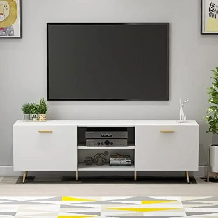 ZWNLKQG FUFU&amp;GAGA TV Stand for TV up to 65"  Modern Wood Universal Media Console with Metal Legs  2  Cabinets &amp; 2 Open Shelves  Home Living Room  Entertainment Center (White-G - MadeInUSA