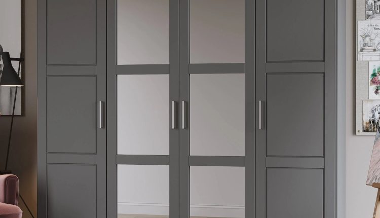Palace Imports Cosmo Gray 4 Mirrored Door Wardrobe With 2 Shelves - MadeInUSA