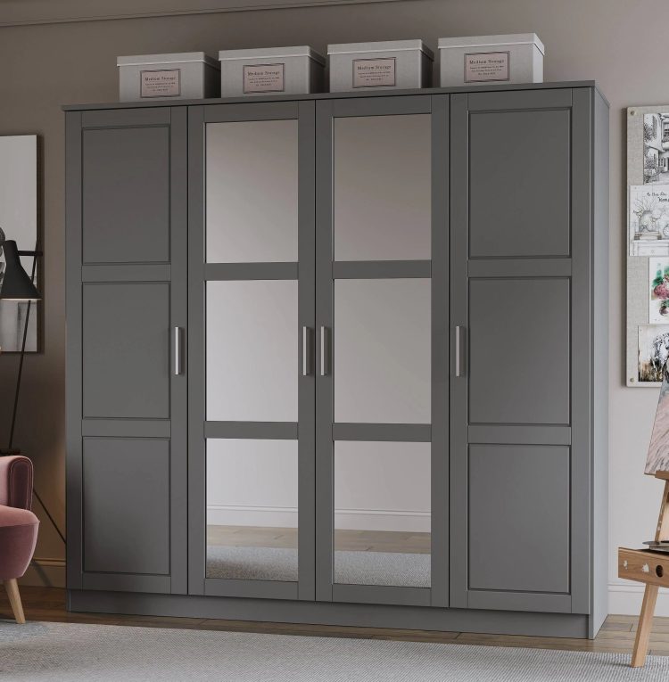 Palace Imports Cosmo Gray 4 Mirrored Door Wardrobe With 2 Shelves - MadeInUSA