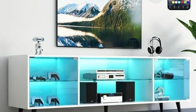 NLTBONNIE 70 Inch LED TV Stand for 75 Inch TV  Modern Entertainment Center with LED Light  High Gloss White TV Console Table with  Cabinets and Open Shelves for Living Room  Bedroom - MadeInUSA