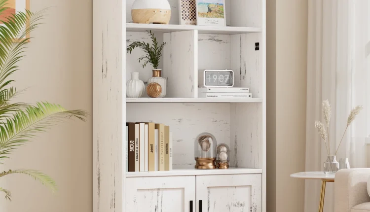 Homhougo—Wood Bookcase with Doors White Bookshelf with LED Lights Modern Storage Rack 3 Shelf Standing Bookshelves Large Display Shelf Unique Book Shelf for Bedroom, Living Room, Home Office - MadeInUSA