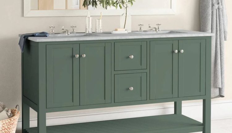Binne 60" Double Bathroom Vanity Set Three Posts Base Finish: Sage Green, Top Finish: Engineered Carrara - MadeInUSA