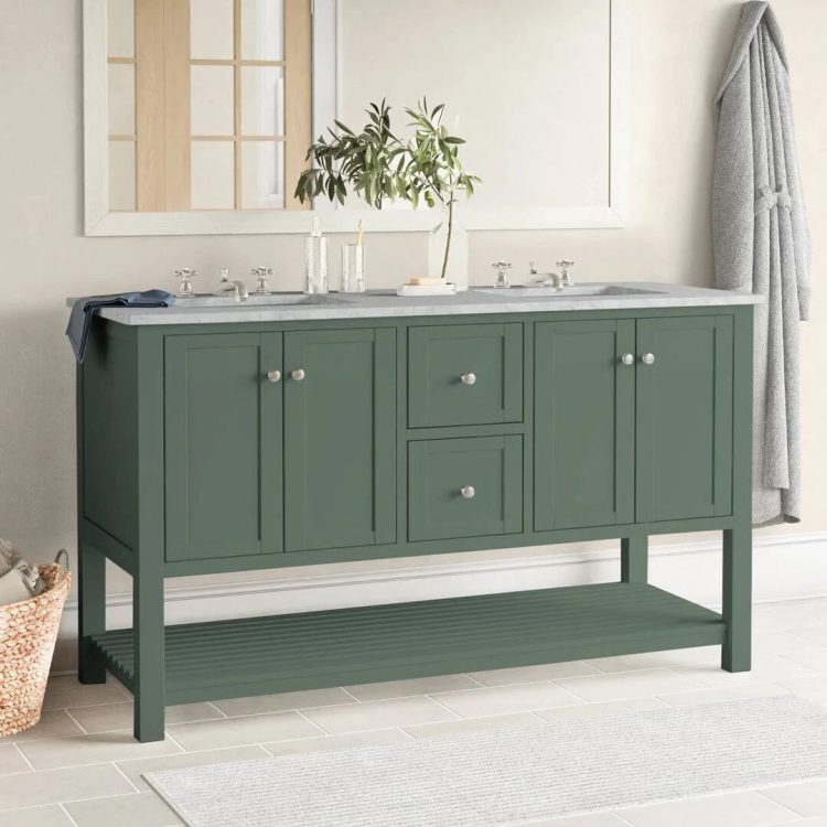 Binne 60" Double Bathroom Vanity Set Three Posts Base Finish: Sage Green, Top Finish: Engineered Carrara - MadeInUSA