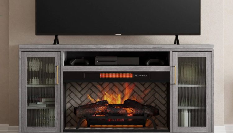 Gray 2265FM-36-331 Allen + Roth 66-inch W Mushroom Oak Infrared Quartz Electric Fireplace - MadeInUSA