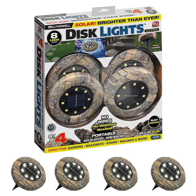 BellHowell 4Pack Disk Lights Stone 8Bulb 80Lumen 3Watt Auto OnOff Outdoor Camouflaged LED Lighting As Seen On TV 6000 K - MadeInUSA