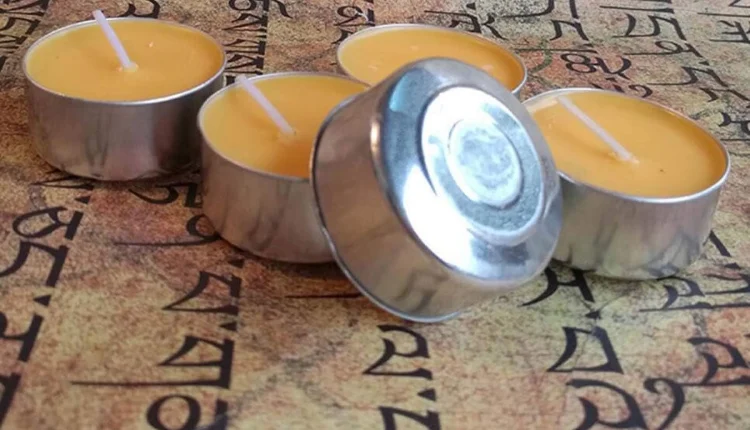 Buddhist Tealight Vanaspati Ghee Butter Lamp Candle 100 Pcs Set (Silver Alloy Case) (10) - MadeInUSA