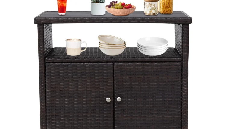 Kinbor Outdoor Wicker Storage Cabinet, Patio Bar Tables with Two Doors & Shelves, Weatherproof Storage Console Table for Patio Pool Garden Kitchen, Dark Brown - MadeInUSA