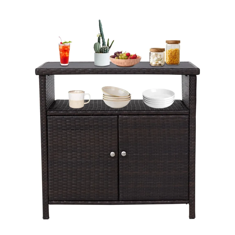 Kinbor Outdoor Wicker Storage Cabinet, Patio Bar Tables with Two Doors & Shelves, Weatherproof Storage Console Table for Patio Pool Garden Kitchen, Dark Brown - MadeInUSA