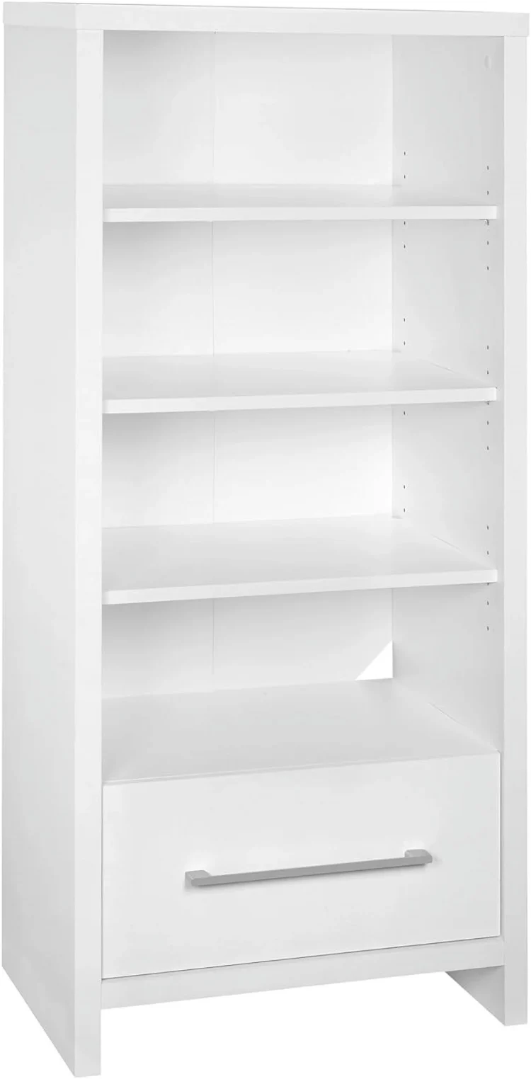 1651 Media Storage Tower Bookcase With Drawer, White - MadeInUSA