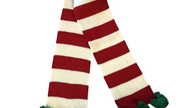 Midlee Christmas Striped Dog Scarf- Red/White & Green Pom Pom